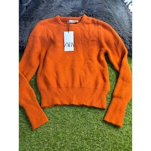 Zara Knit Sweater Pullover Orange Textured Crew Neck Long Sleeve